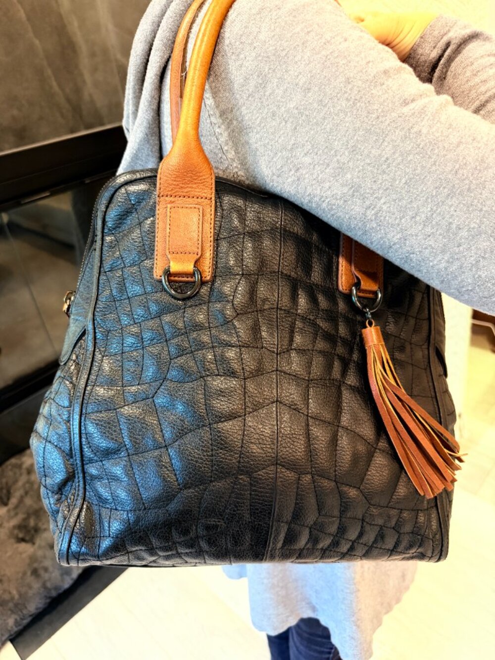 BCBGMAXAZRIA Black & Cognac Textured Satchel Shoulder Bag Tassel